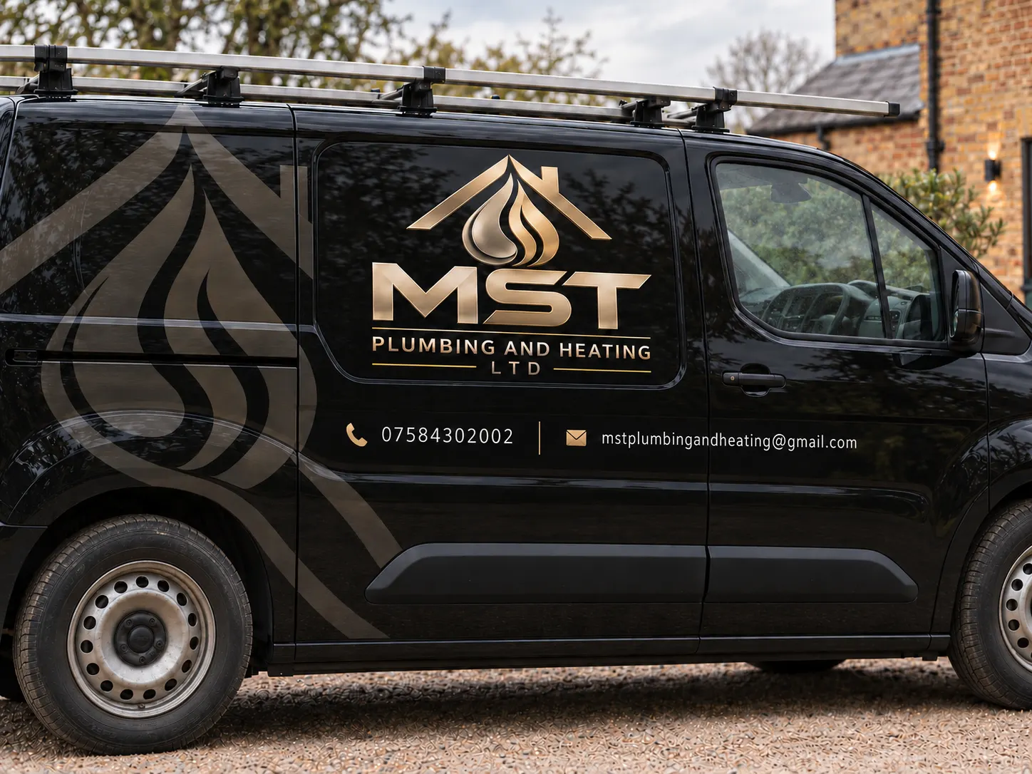 MST Plumbing and Heating van parked outside a London home